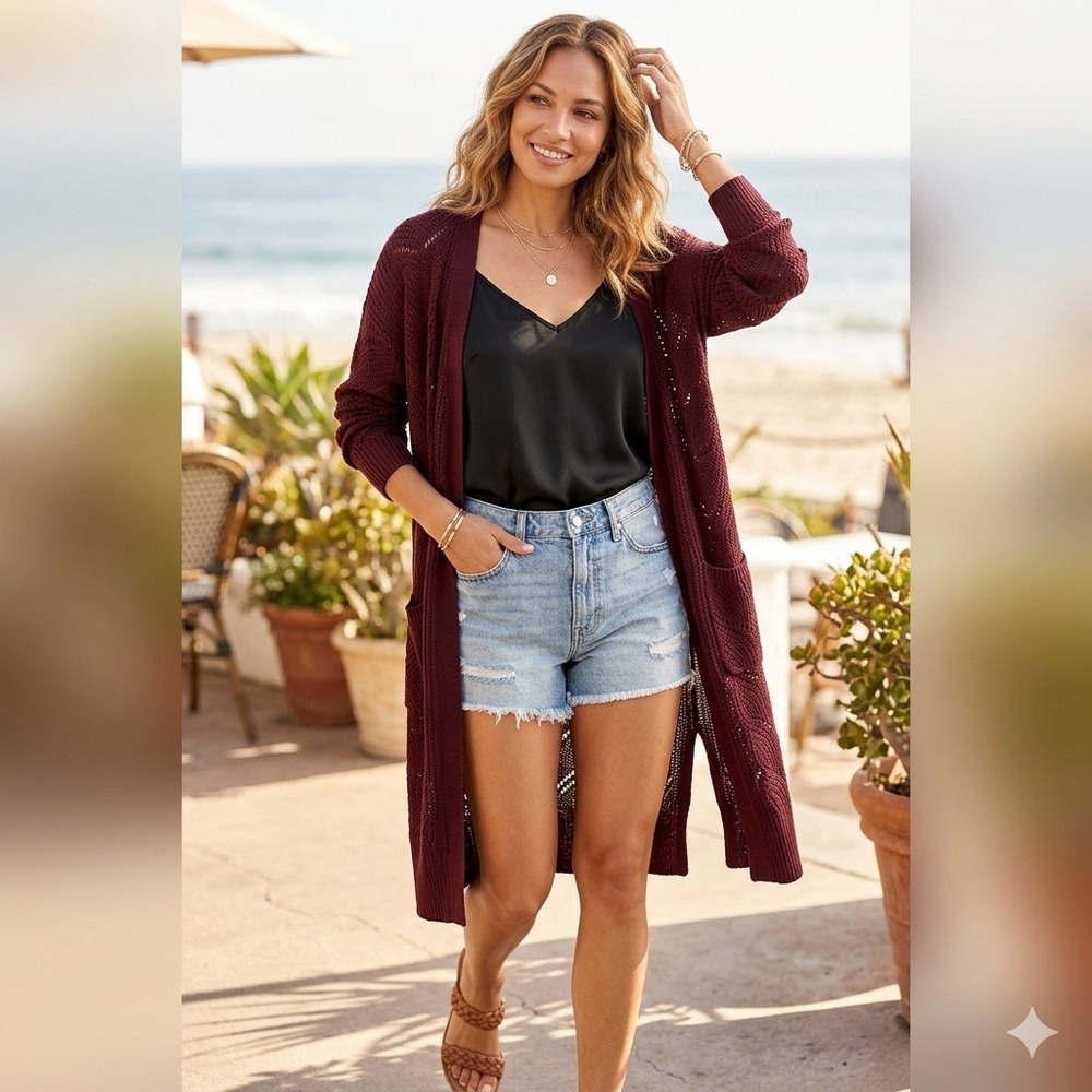 SO Boho Open Knit Cardigan Burgundy Large Longline